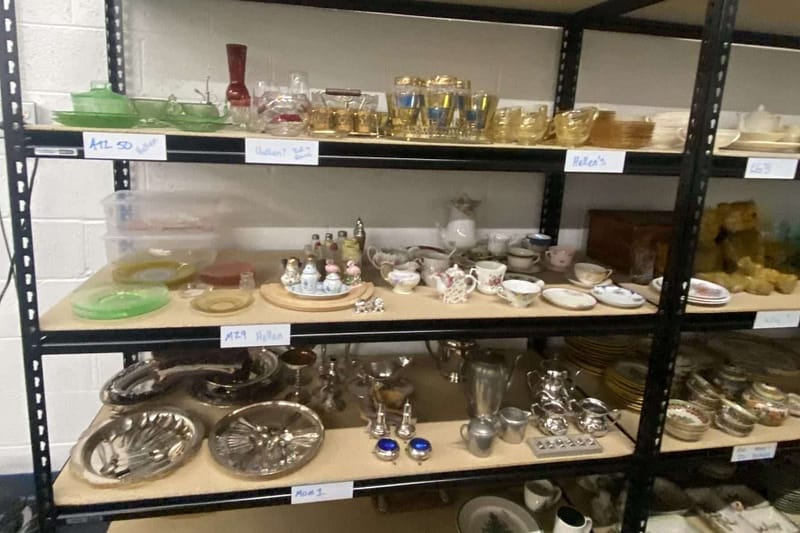 shelf of family heirloom glassware and china