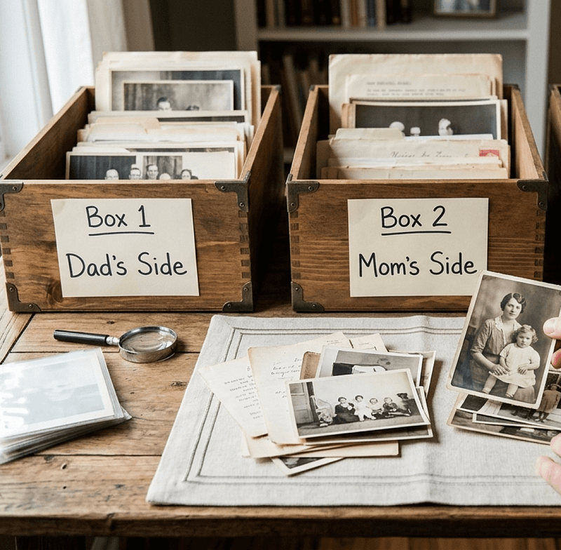 A box of family photographs, postcards, and old envelopes waiting to be organized before digitization.